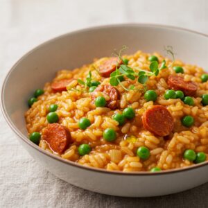 A bowl of creamy risotto studded with vibrant green peas and chunks of spicy chorizo, garnished with fresh parsley and a drizzle of olive oil.