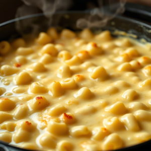 Creamy mac and cheese in a pot, ready to serve.