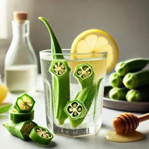 A refreshing glass of okra water with sliced okra floating inside, served with a lemon wedge and honey on a bright kitchen counter.